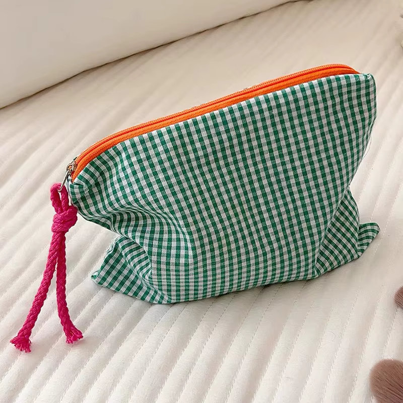 Nouvelles femmes sac de maquillage à carreaux grande capacité coton pochette à glissière sac à main 