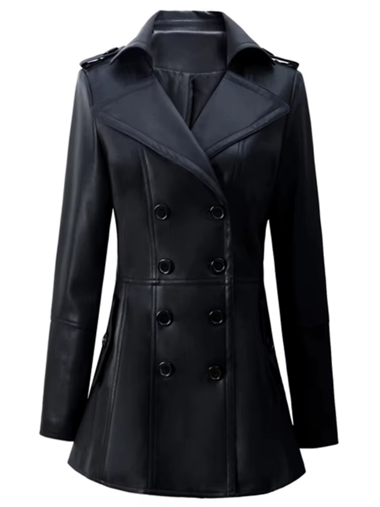 Mauroicardi printemps ajusté jupe noire doux Faux cuir Blazer veste femmes Double boutonnage élégant