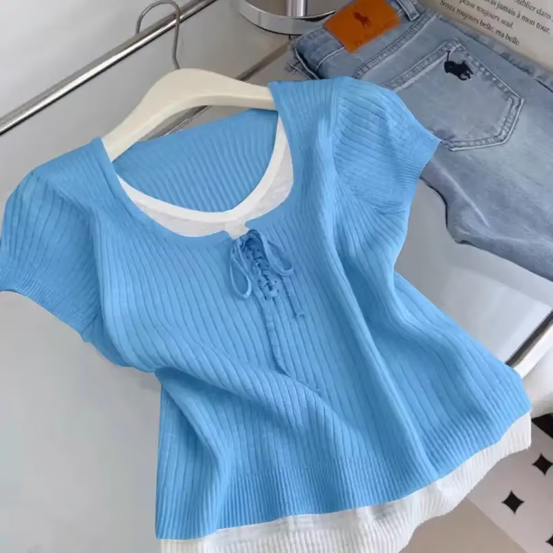 T-shirt en tricot violet avec détail lacé, style doux pour femme, haut décontracté printemps-été