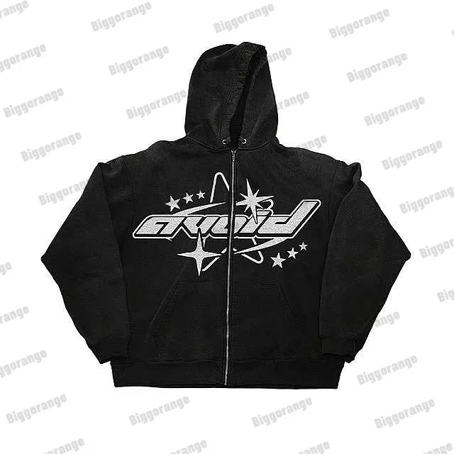 Sweat à capuche zippé brodé Y2K Gothique pour Hommes et Femmes, Noir délavé vintage, style Grunge St