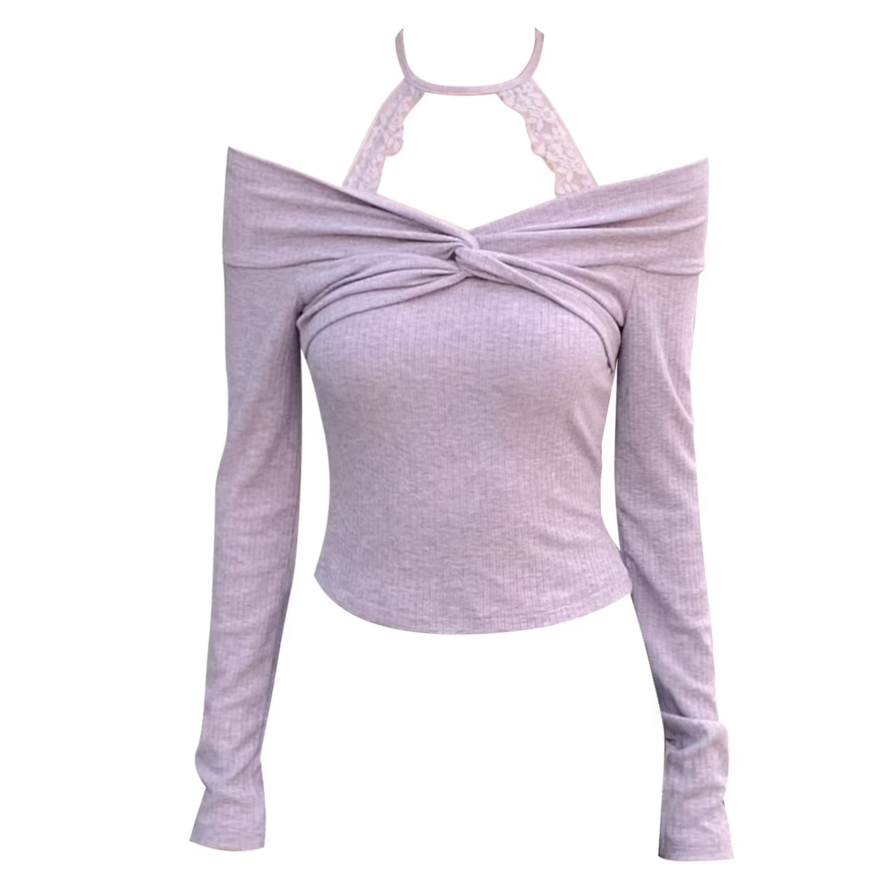 Chemise à fond tricoté à col sur les épaules violets Spice Girl Top court en dentelle à épaules dénu