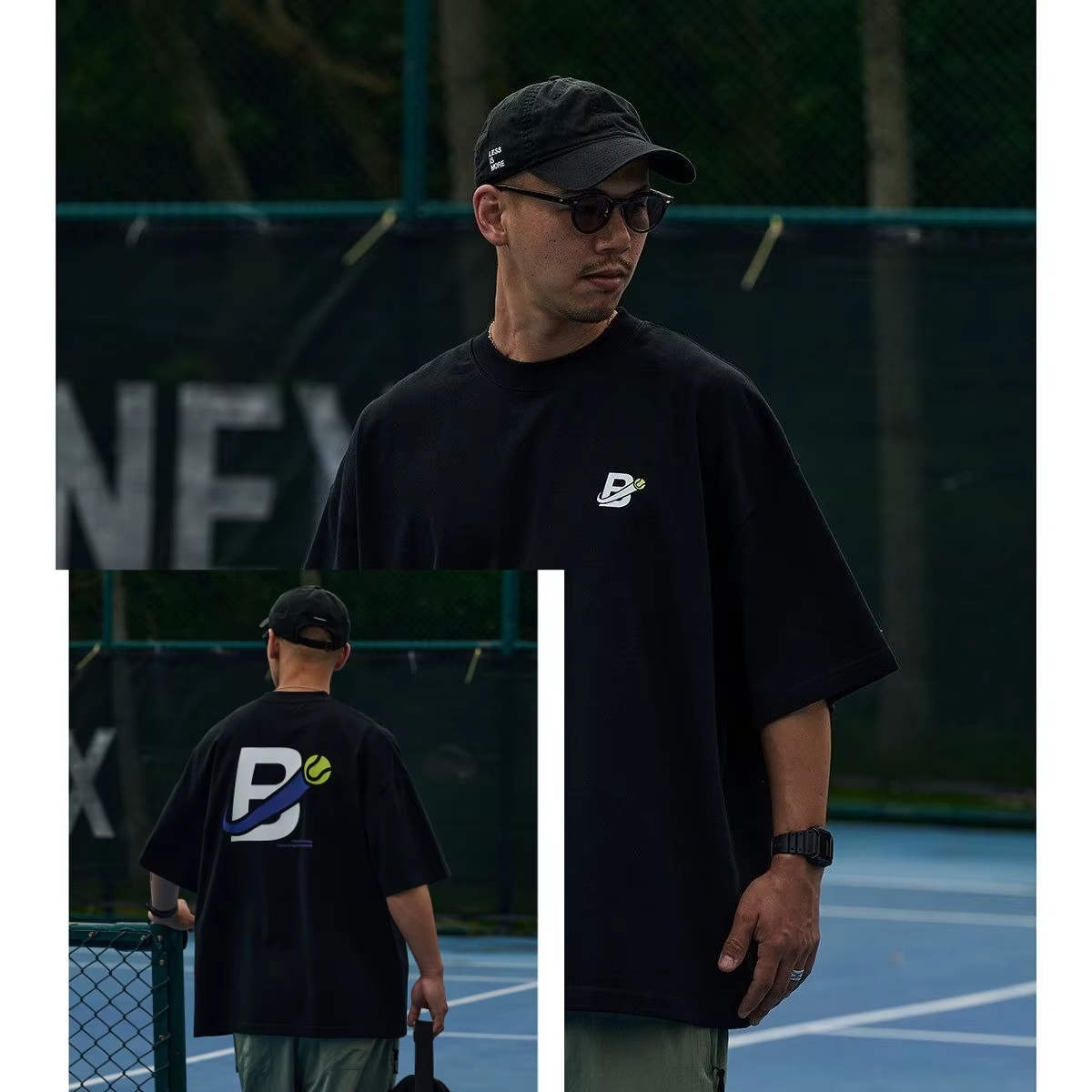 T-shirt graphique tennis lettre B pour homme, coupe oversize, décontracté, sportif, vintage, en coto
