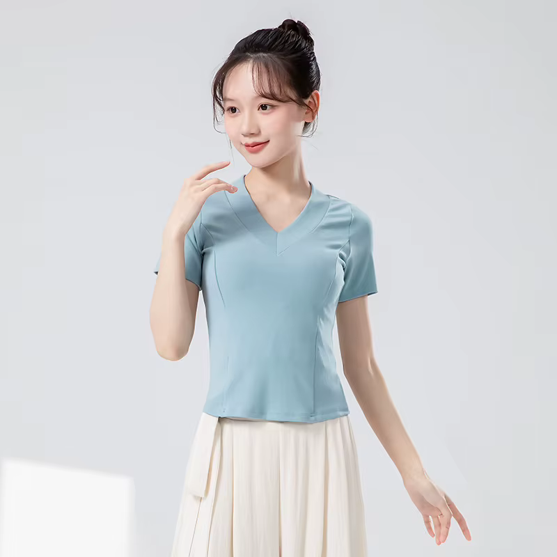 Haut de danse moderne pour femmes, T-Shirt à col en v, manches courtes, solide, vêtements d'entraîne