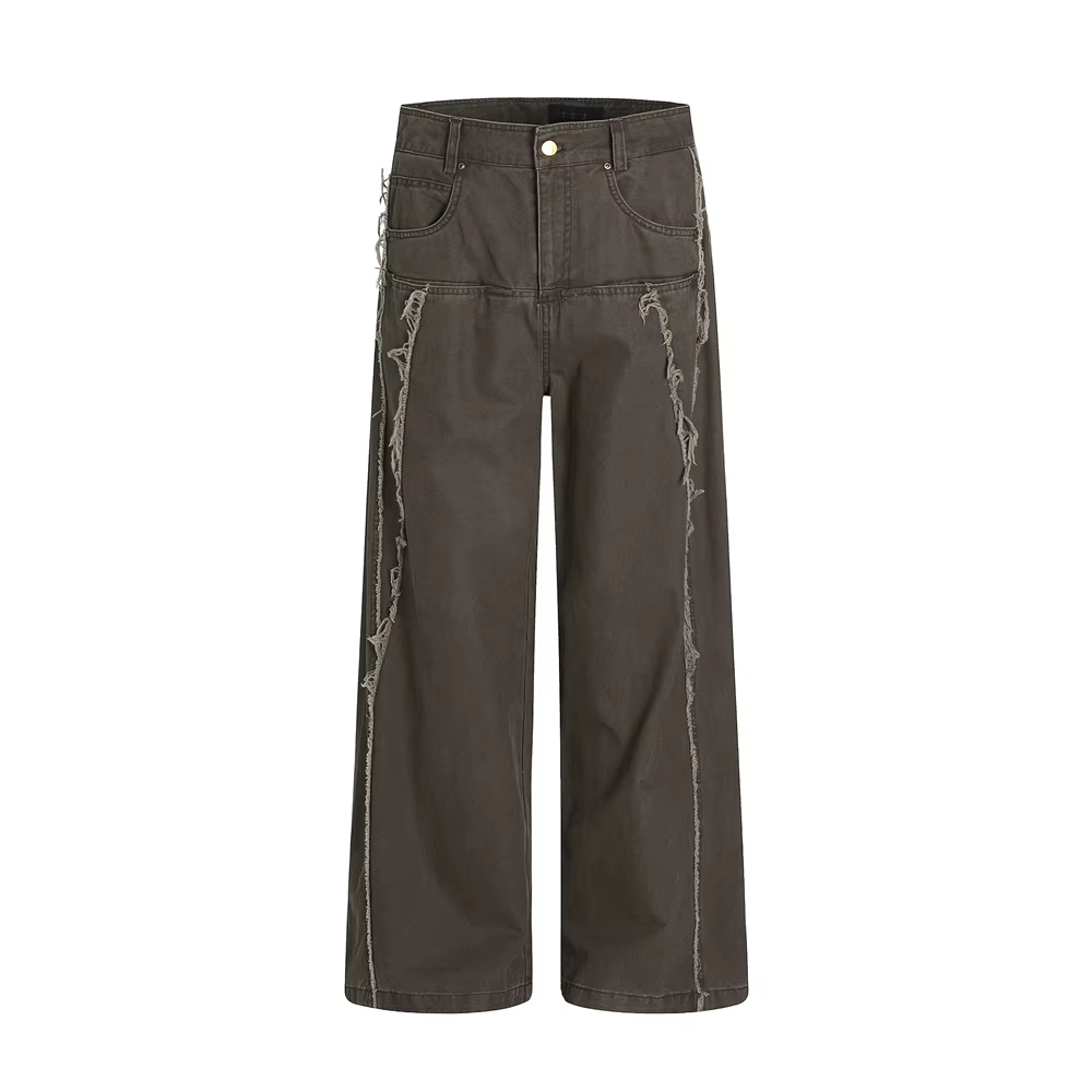 Pantalon Cargo épissé à bords bruts pour hommes, rétro, High Street, ample, droit, jambes larges