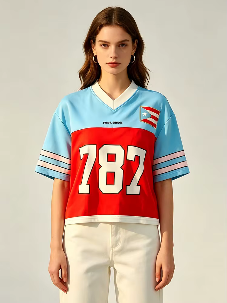 Bleu clair et rouge Puerto Rico 787 imprimé maille rugby jersey manches courtes petit col en V T-shi