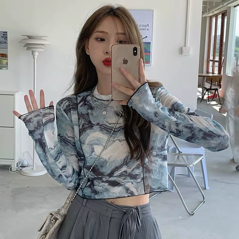 T-shirt à manches longues imprimé tie-dye pour femmes, résistant au soleil, court, mode Y, gaze de r
