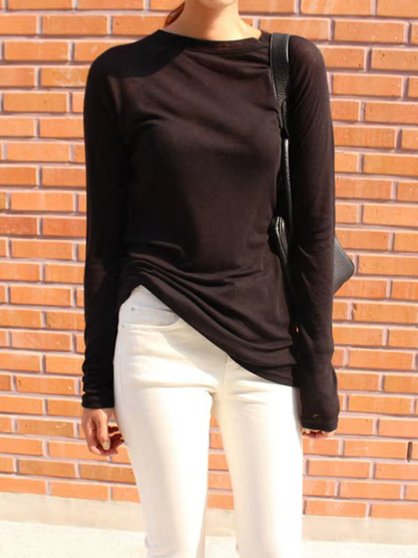 T-shirt sexy à manches longues pour femme, col rond, coupe ajustée, chaud, collection Printemps-Été 