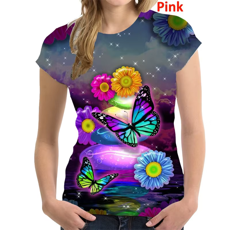 T-shirt manches courtes col rond femme, estival et décontracté, avec motif papillon et fleur, coloré