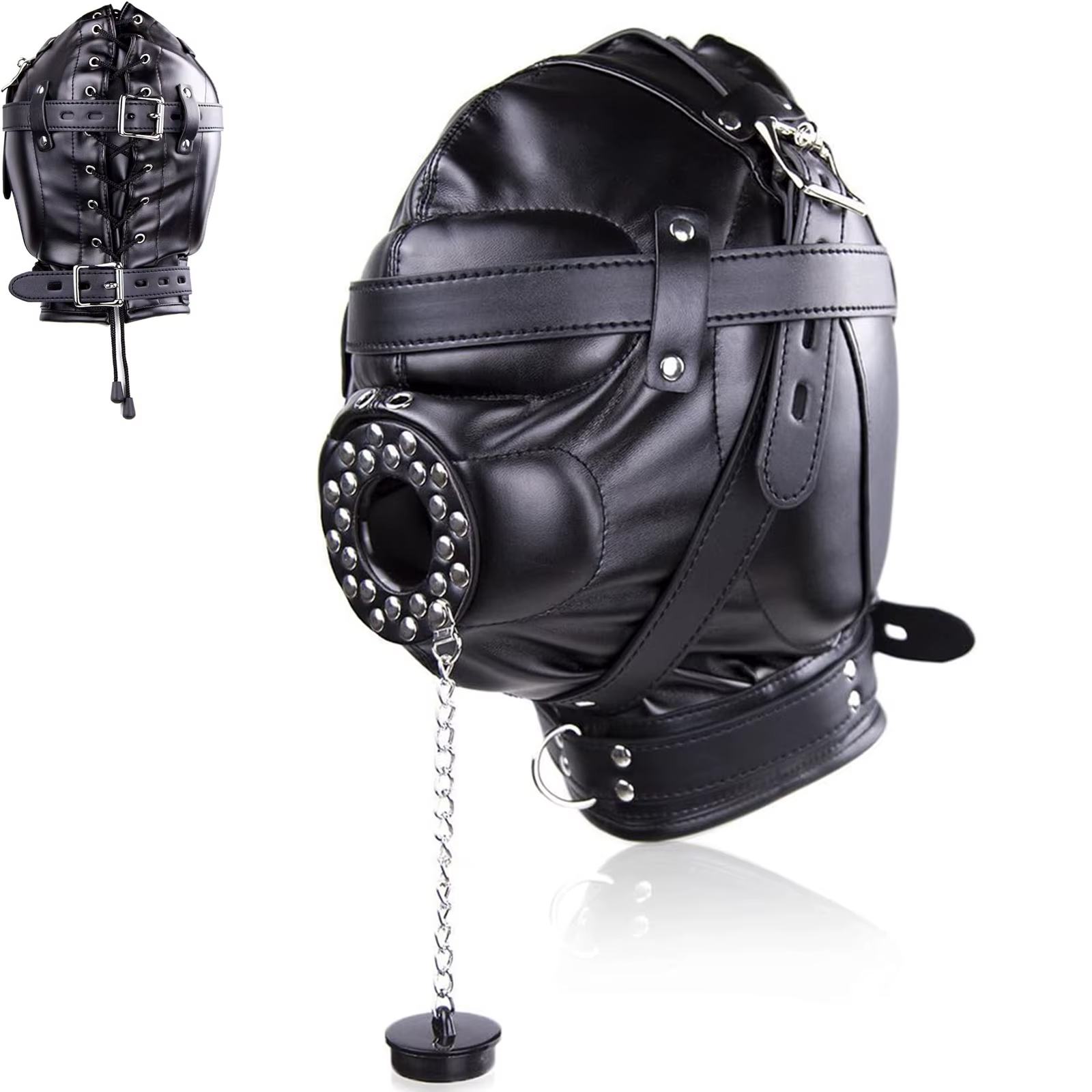Masque à Capuche Verrouillable en Cuir PU, Équipement de Sauna Bondage BDSM, avec Bouche Ouvrable, E