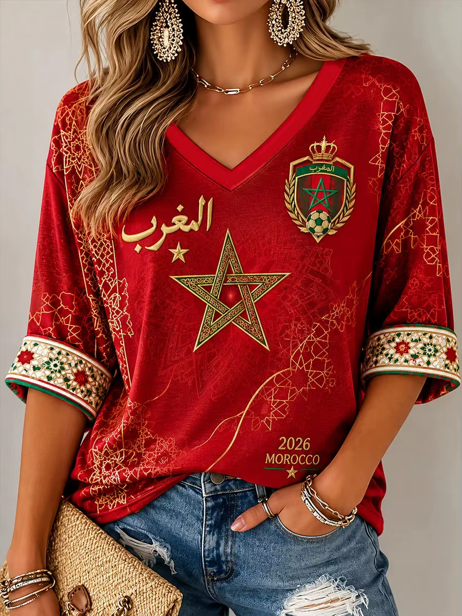 T-shirt décontracté imprimé football du Maroc pour femme, T-shirt culturel sur le thème du football