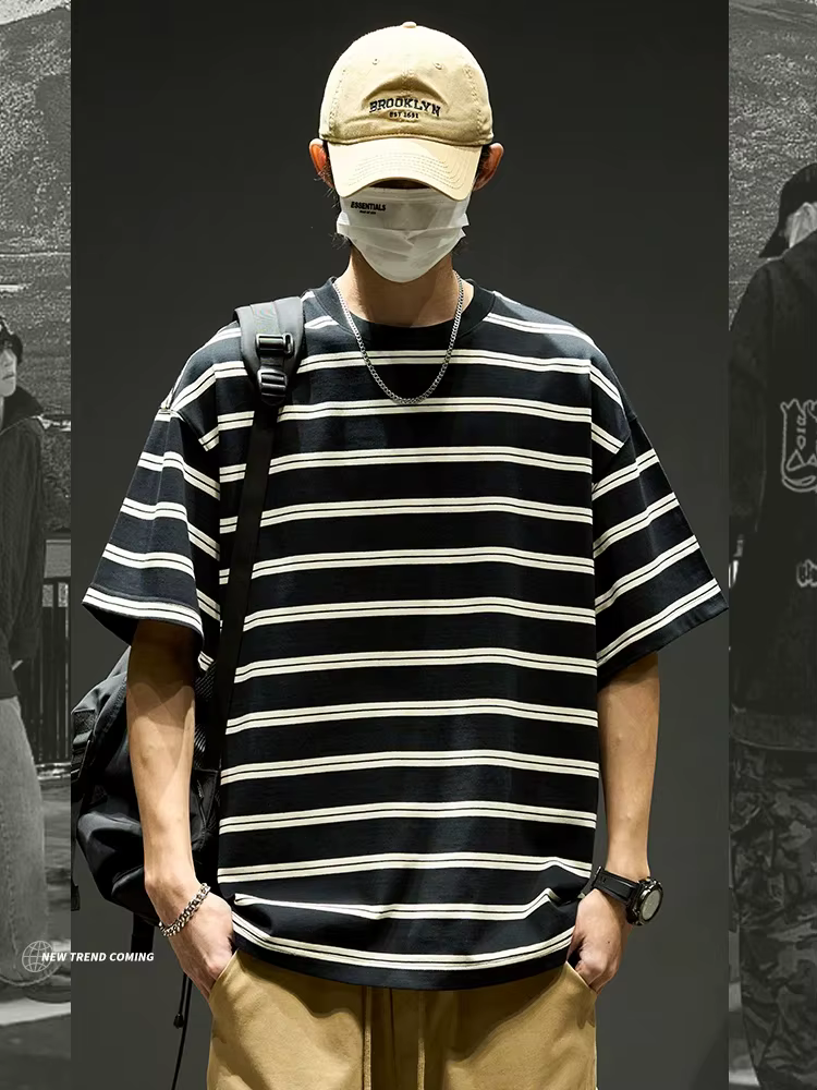 T-shirt rayé pour homme style Harajuku coréen, coupe ample, manches courtes, col rond, séchage rapid