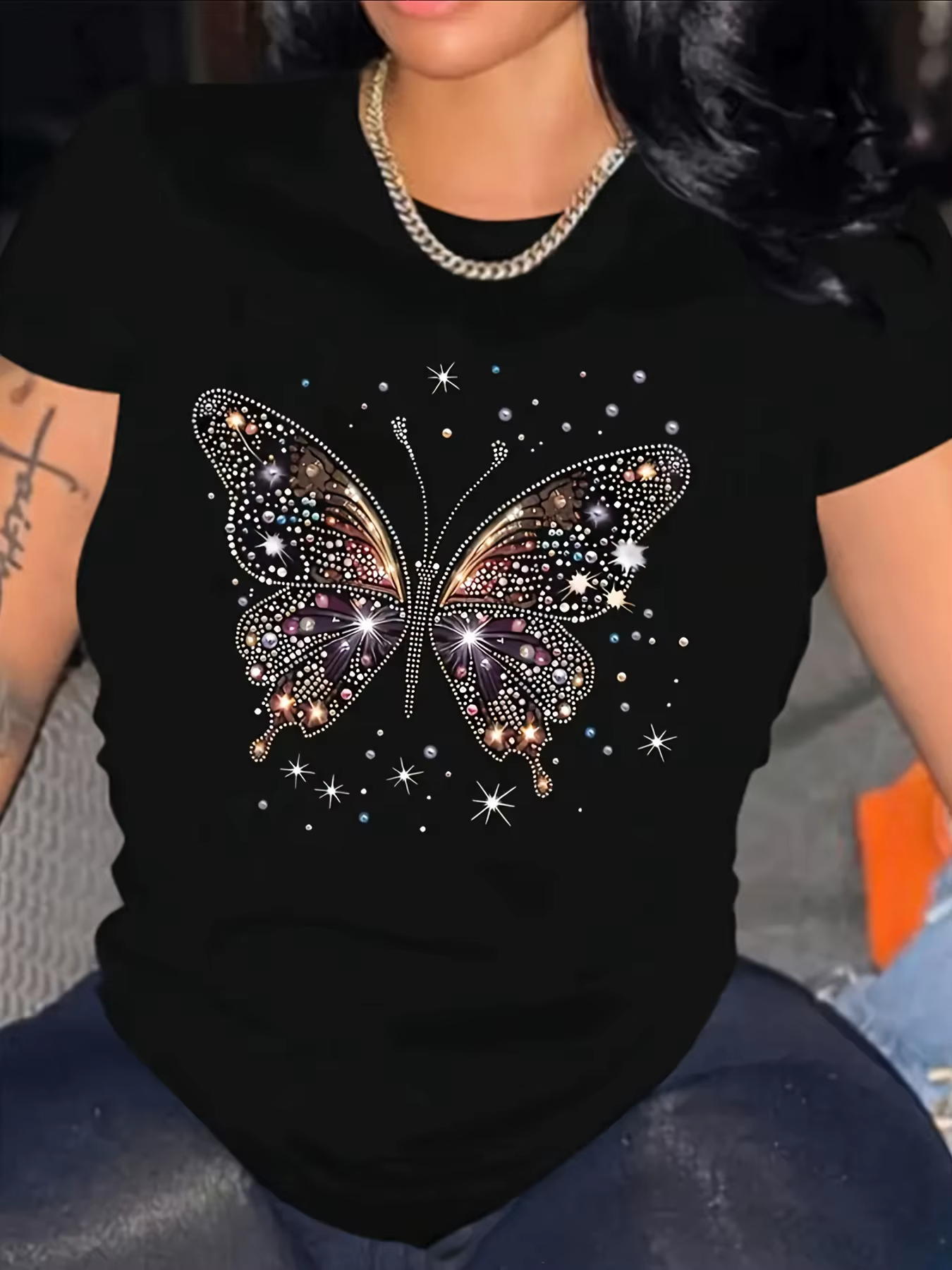 T-shirt papillon décontracté pour femme, col rond, coupe régulière, imprimé papillon, vêtements esth