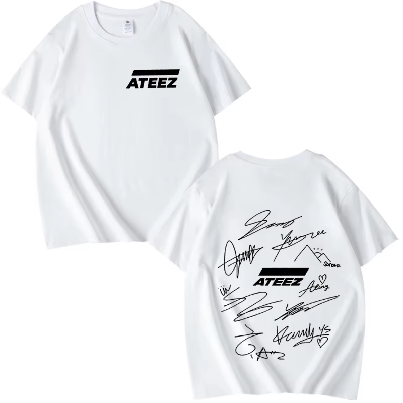 T-shirt ATEEZ World Tour avec signatures des membres du groupe et imprimé géométrique au dos, pour h