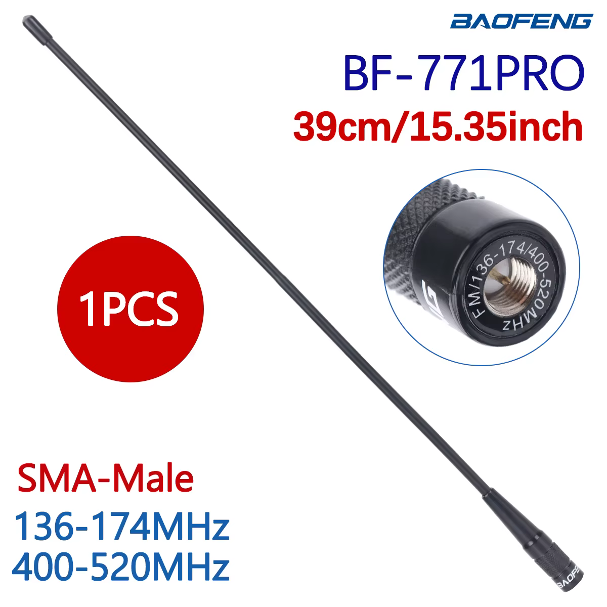 Baofeng BF-771 Pro antenne SMA-mâle double bande 136-174/400-520Mhz pour Baofeng P15UV Yaesu TYT TH-