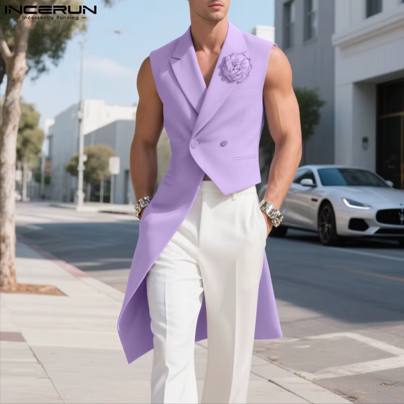 INCERUN hommes Blazer gilets fleur décoration revers sans manches gilets irréguliers hommes Streetwe