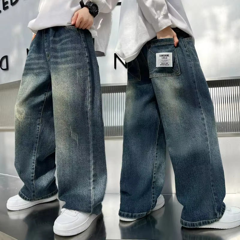 Jeans décontractés vintage pour enfants, pantalons de survêtement FJCotton, vêtements pour grands ga