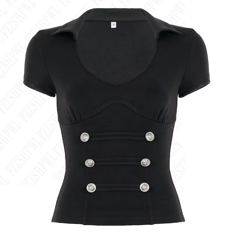 T-shirt à manches courtes pour femmes, style américain rétro y2k, design de style Napoléon, col polo
