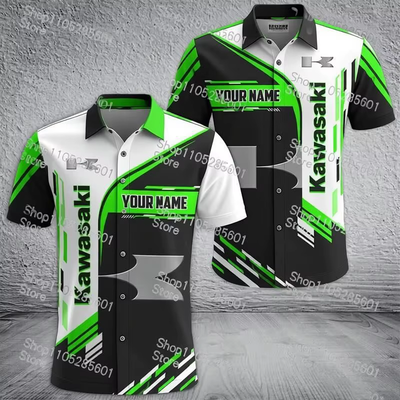 Chemise à manches courtes imprimée sur le thème de Kawasaki, haut décontracté à revers, à la mode, p