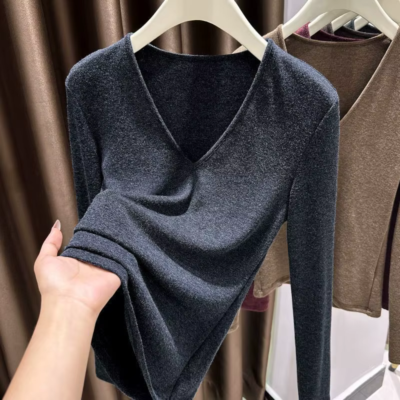 Femmes vêtements col en V à manches longues simplicité tempérament hauts t-shirts automne hiver tout