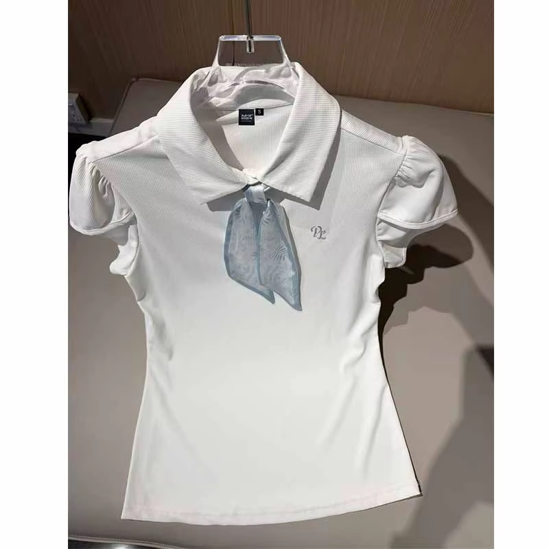 PL OL Vêtements de golf pour femmes : Polo à manches bouffantes séchage rapide coupe ajustée avec nœ