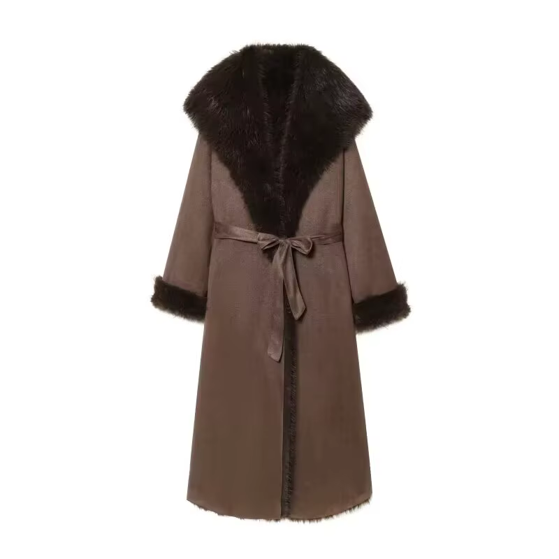 HH Manteau long réversible en fausse fourrure pour femme, col à revers, ceintures, poches décorative