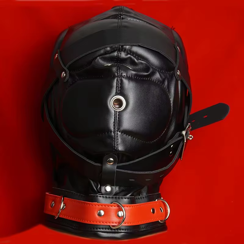 Masque BDSM en cuir avec les yeux bandés pour adultes, bondage, trou respiratoire, retenue d'oreille