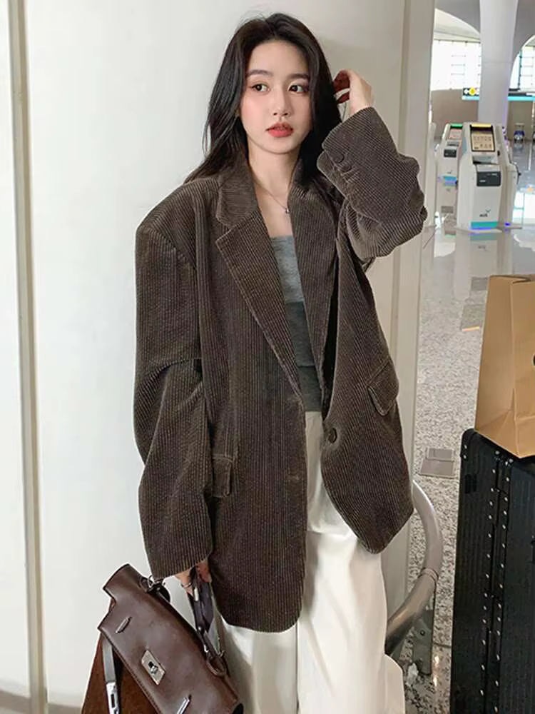 LANMREM-Blazer Vintage en Velours Côtelé pour Femme, Manteau à Col Cranté, Simple Boutonnage, Solide