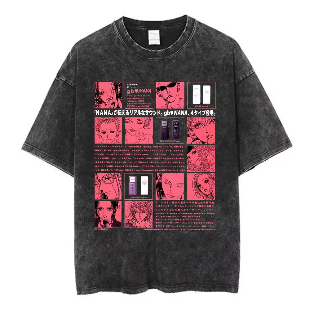 Japonais chaud Anime Nana Osaki Japonais rétro lavé T-shirt T-shirts lavé Vintage Lâche Surdimension