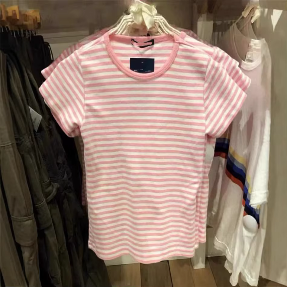 Doux petit rose rayé T-shirts femmes nouveau coton col rond décontracté mince boutons à manches cour
