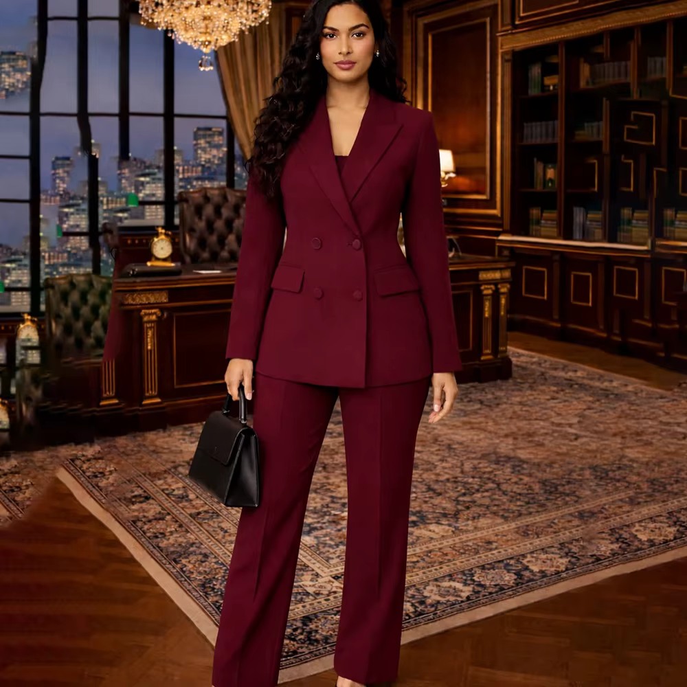 Costumes pour femmes bordeaux, blazer à double boutonnage, veste et pantalon de haute qualité, tenue
