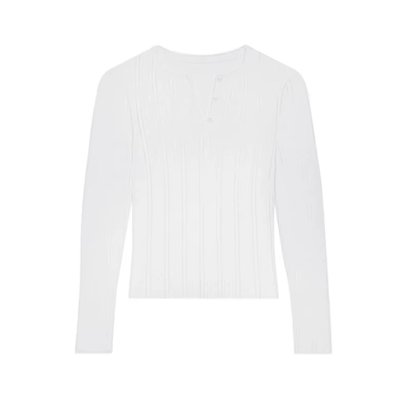 T-shirt long en coton pur jacquard, col Henry, manches longues, col en V, bicolore noir et blanc, co