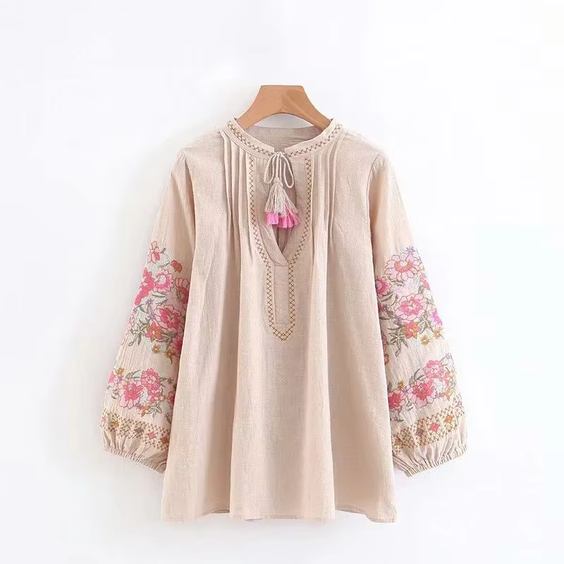 Chemise à franges style boho pour femmes, jolie blouse de plage en lin et coton avec broderie floral