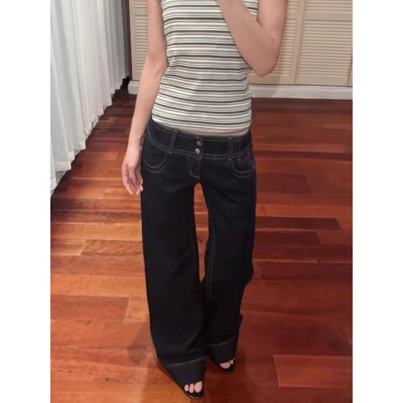 Jean rétro américain taille basse à jambes larges pour femmes, pantalon ample drapé, grande longueur