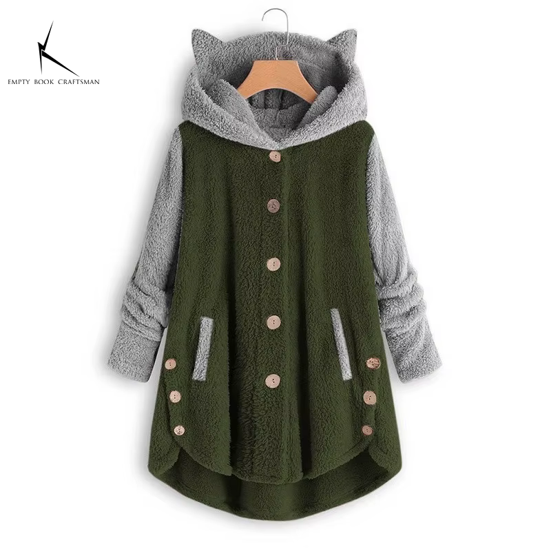 Sweat-shirt à capuche Long imprimé chat pour Femme, polaire, chaud, avec poches à boutons, oreilles 