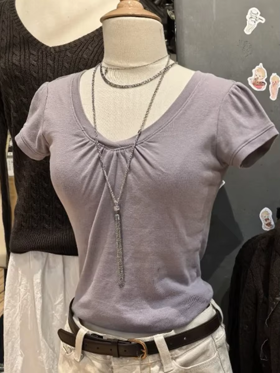 T-shirts slim à col en V plissés violets pour femmes, décontractés, streetwear chic, en coton, à man