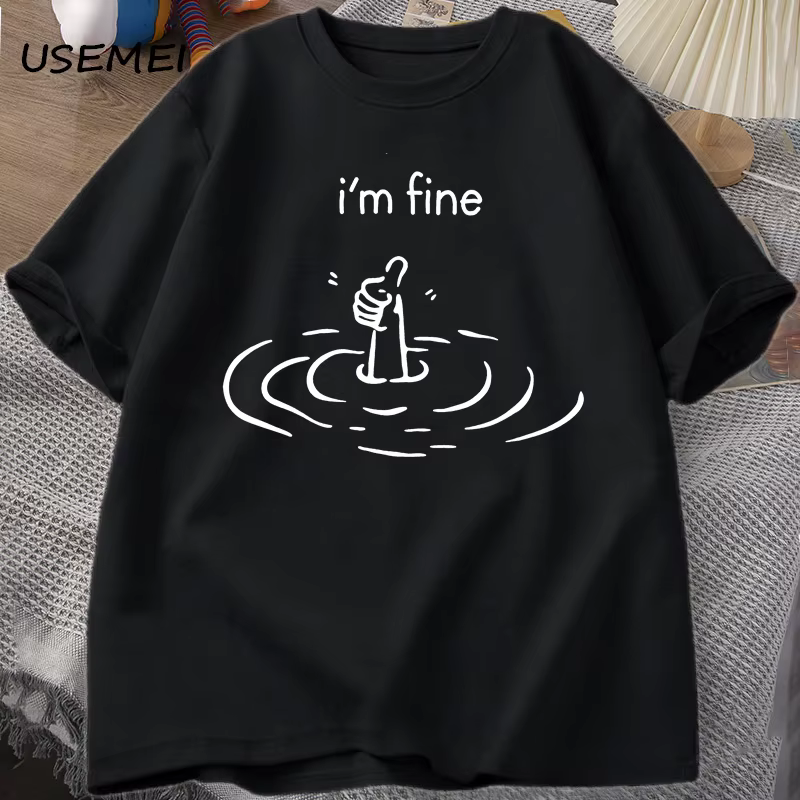 T-shirt manches courtes homme et femme, humoristique, en coton, avec imprimé I'm Fine Back, santé me