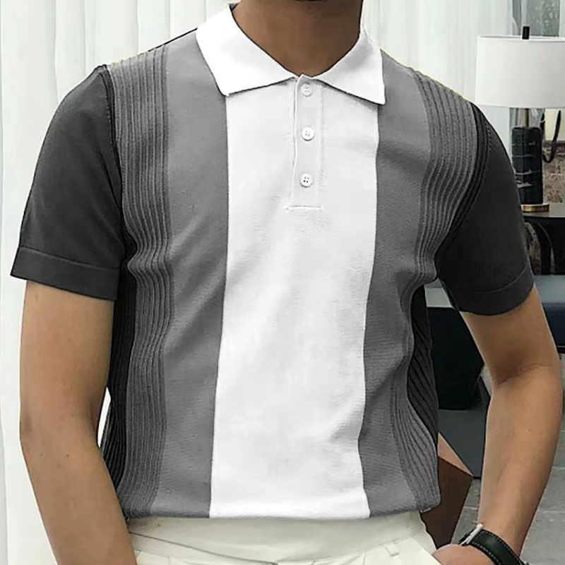 Polo à Manches Courtes en Tricot pour Homme, Vêtement de Luxe, Rétro, Boutonné, Patchwork, Mode Popu