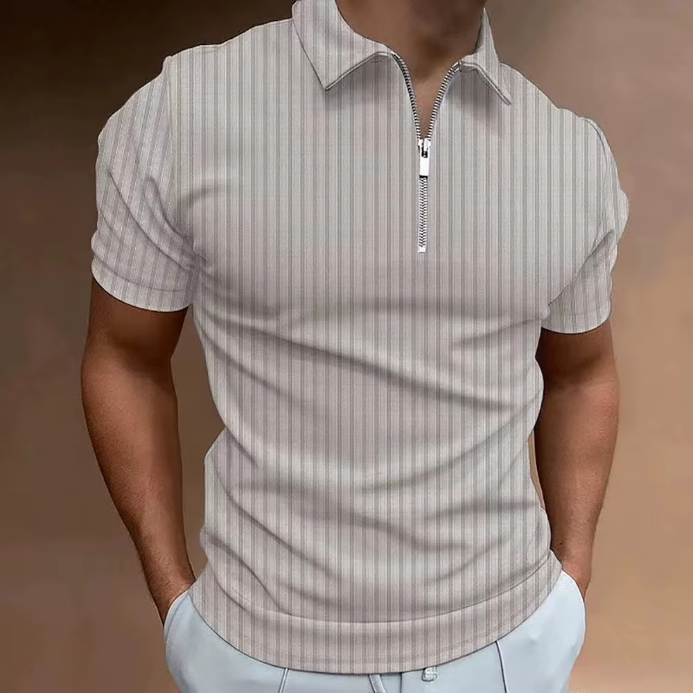 Chemise de golf rayée pour homme avec fermeture éclair quart de tour, col à revers, t-shirt décontra