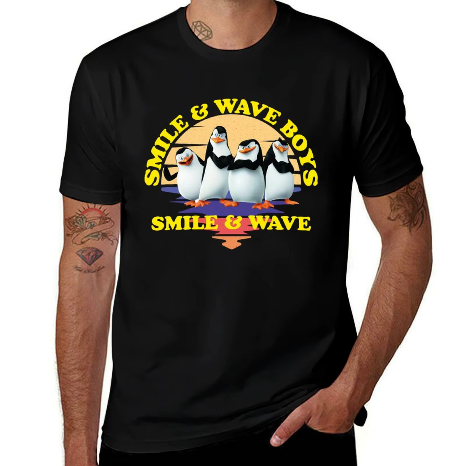 T-Shirt Pingouins de Madagascar pour Homme, Vêtement en Molleton et Vague, Affiche de Texte V3, Figu