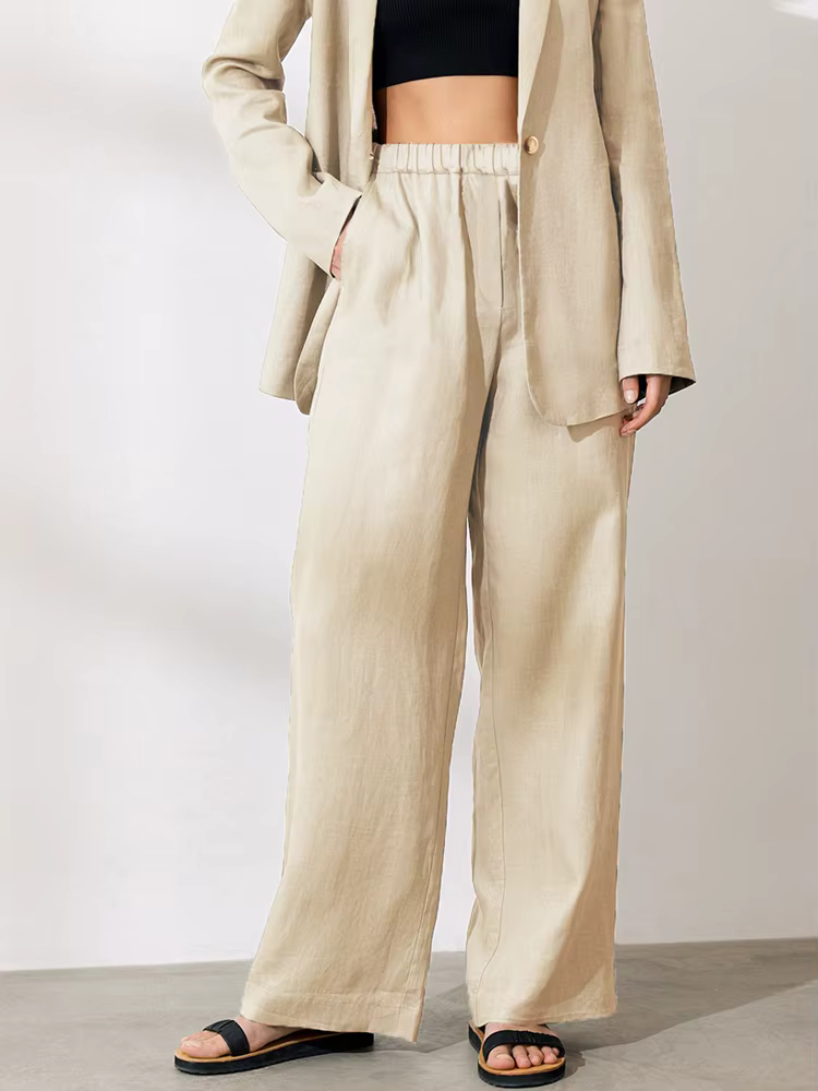 Pantalon en coton et lin pour femme, Vintage, ample, solide, basique, taille haute, jambes larges, k