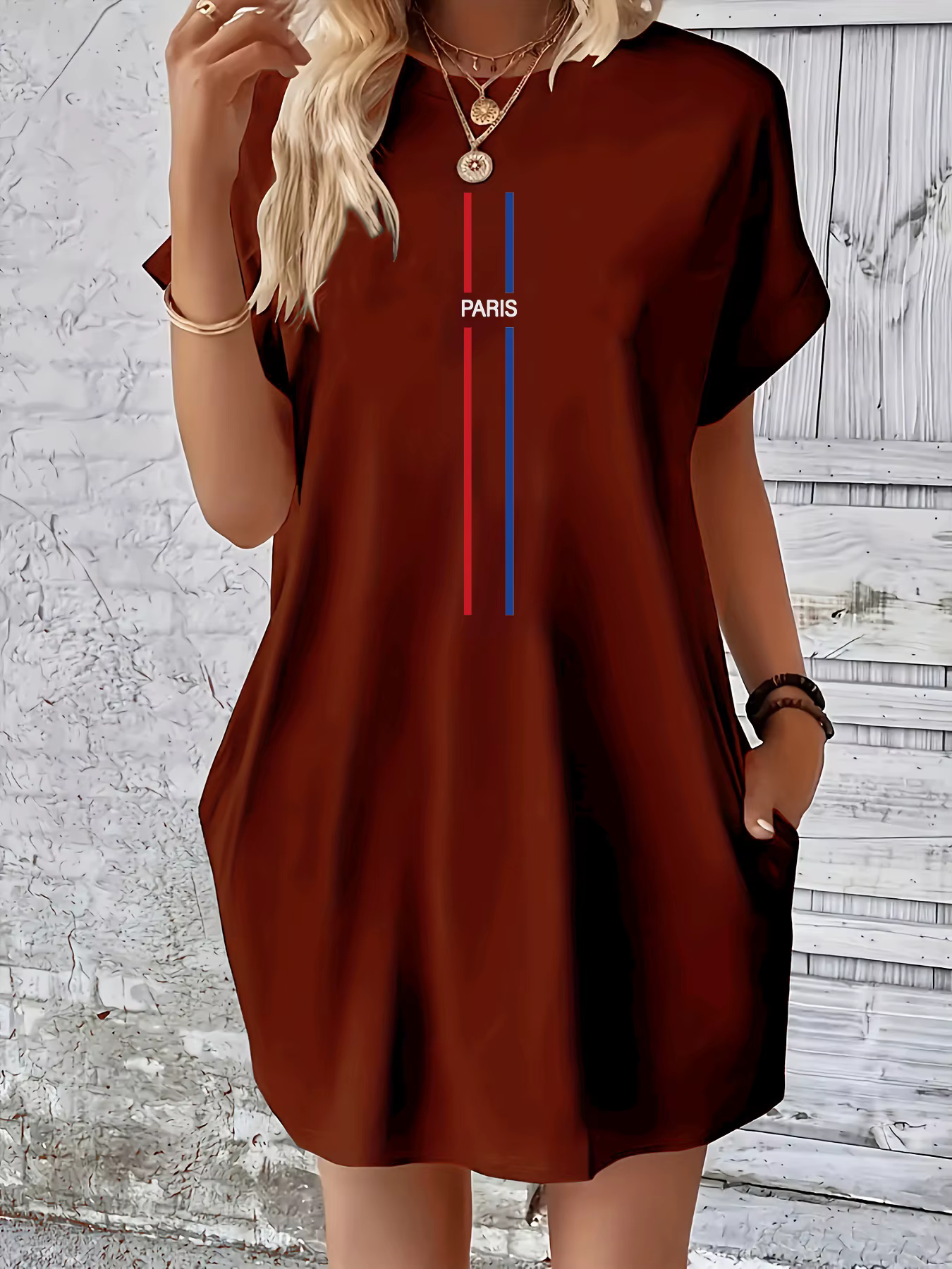 Robe d'été ample PARIS pour femmes, lettre imprimée, col rond, manches courtes, poches, confortable,