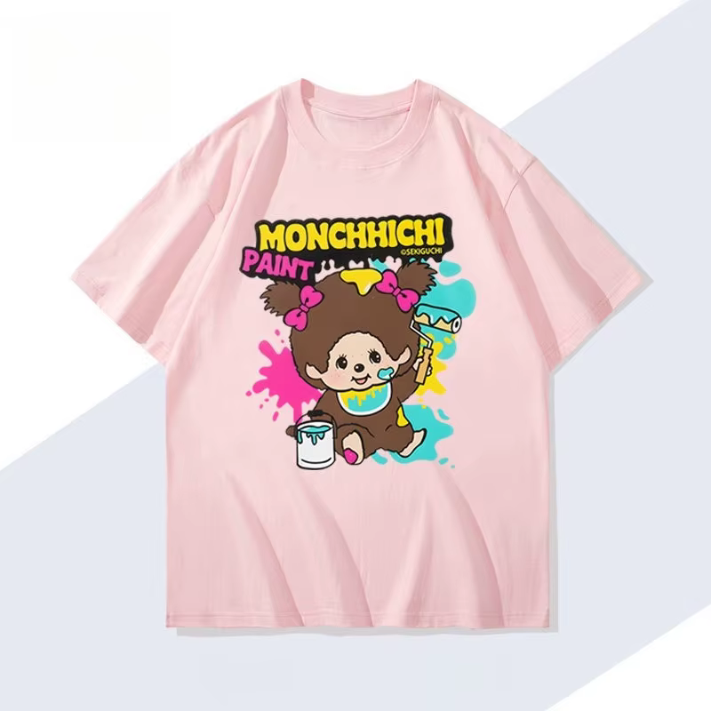 T-shirt Monchhichi à thème graffiti de dessin animé mignon pour hommes et femmes, haut à manches cou