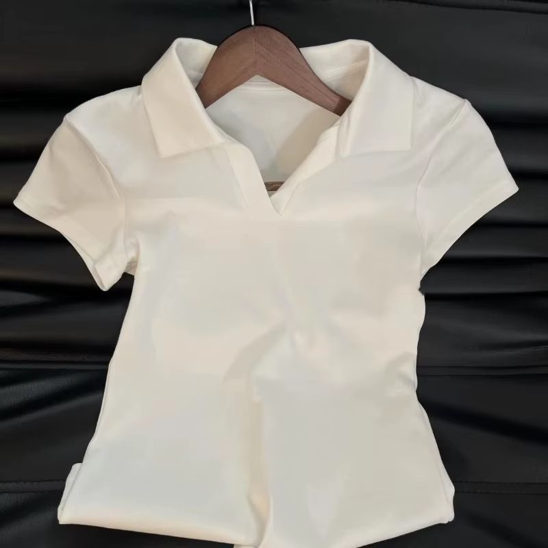 Nouveaux T-shirts d'été à col polo et manches courtes, style preppy, coupe slim, couleur unie, polyv