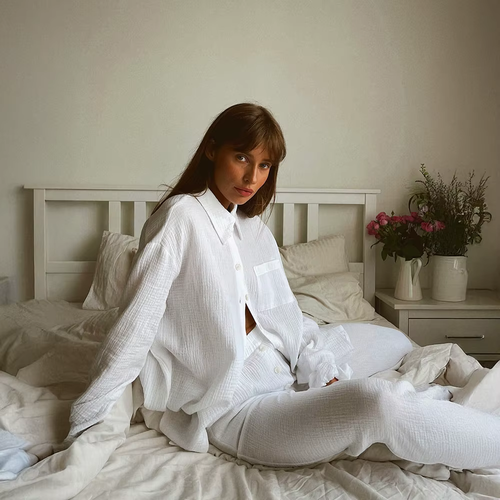 Ensemble 2 pièces chemises et pantalons froissés blancs pour femmes, chemise boutonnée, taille élast
