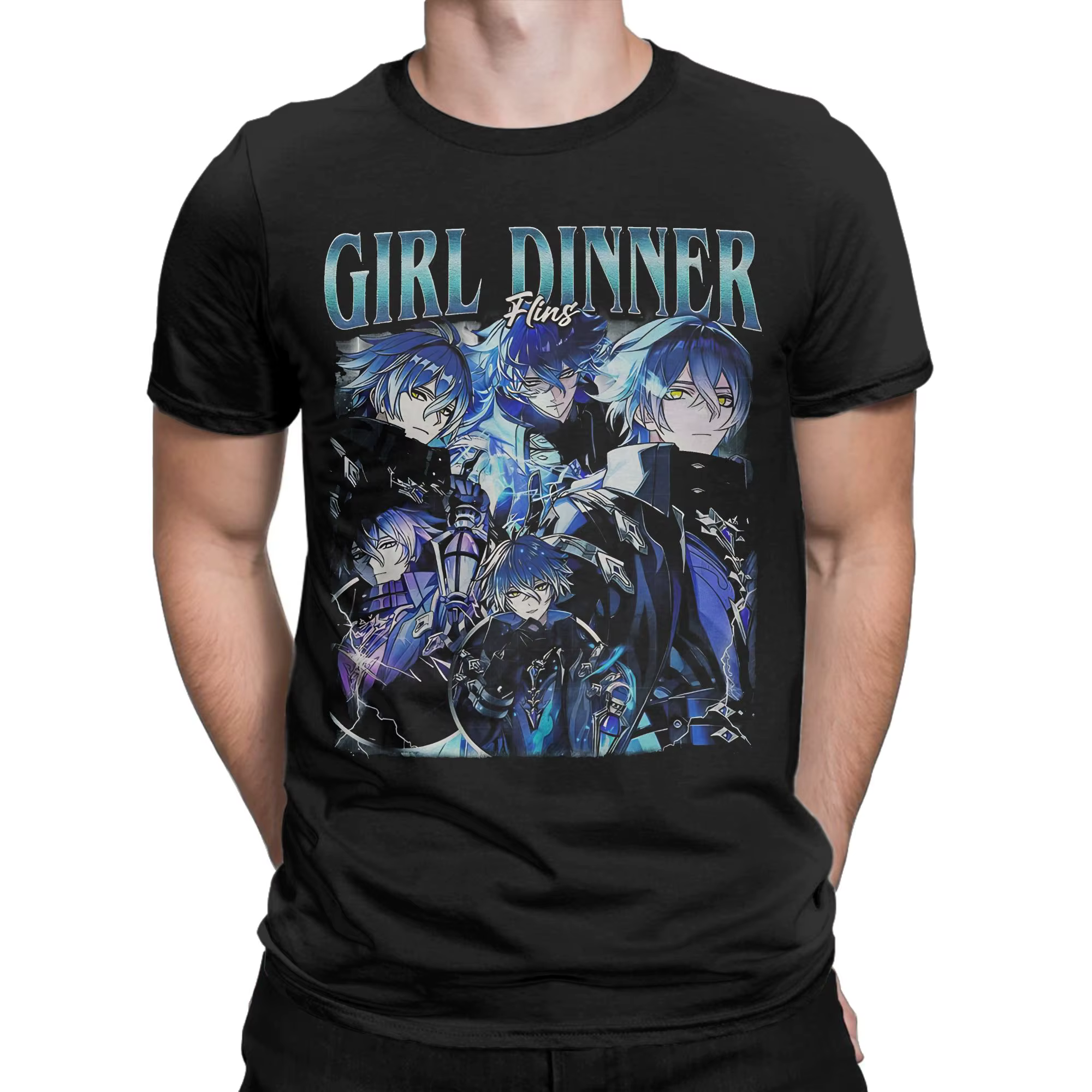 Drôle Flins Genshin Impact fille dîner T-Shirts hommes col rond coton t-shirt jeu dessin animé à man