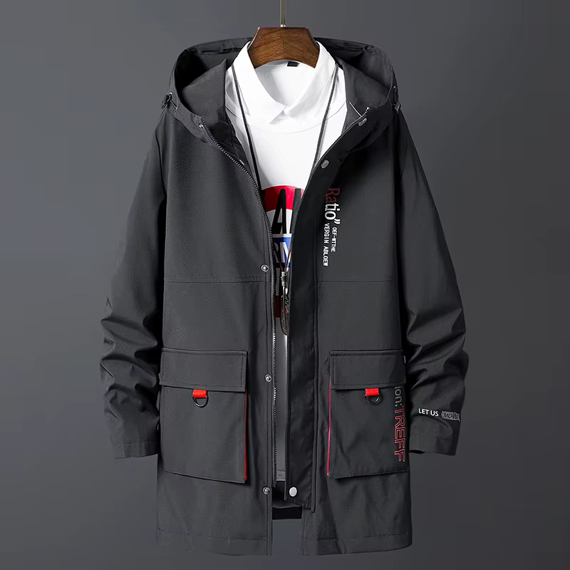 Veste coupe-vent noire surdimensionnée pour hommes, manteau long, mode coréenne, vêtements décontrac