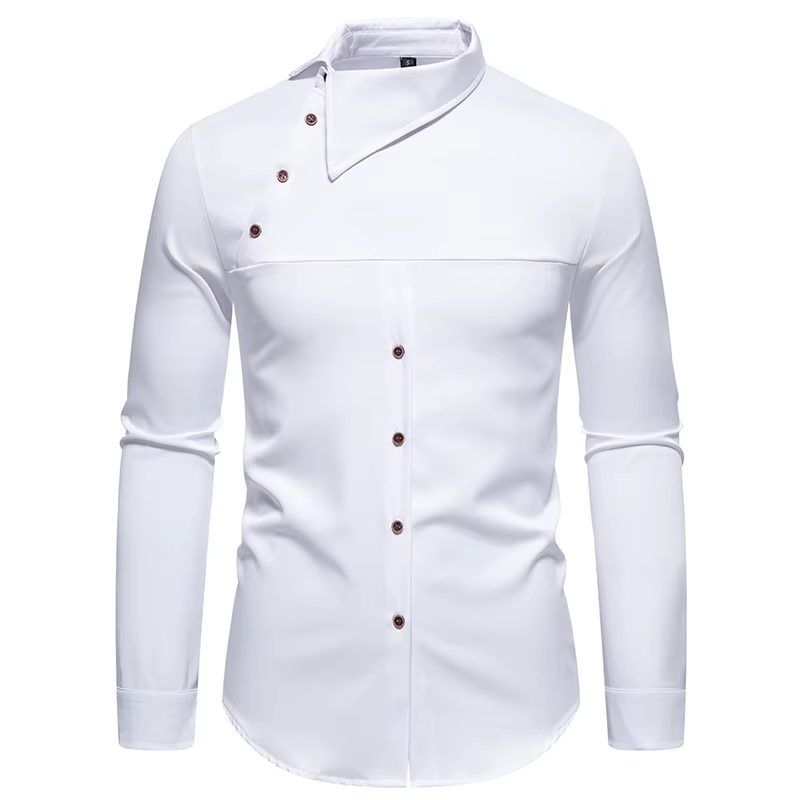 Chemise à col montant pour hommes, bouton oblique de personnalité, chemises provoqué irrégulières po