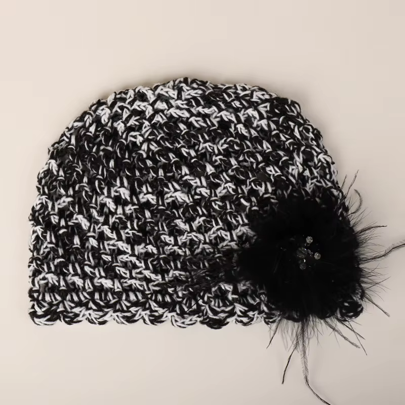 Bonnet tricoté en laine française haut de gamme, tissé à la main, avec plumes, pour femmes, nouveau 