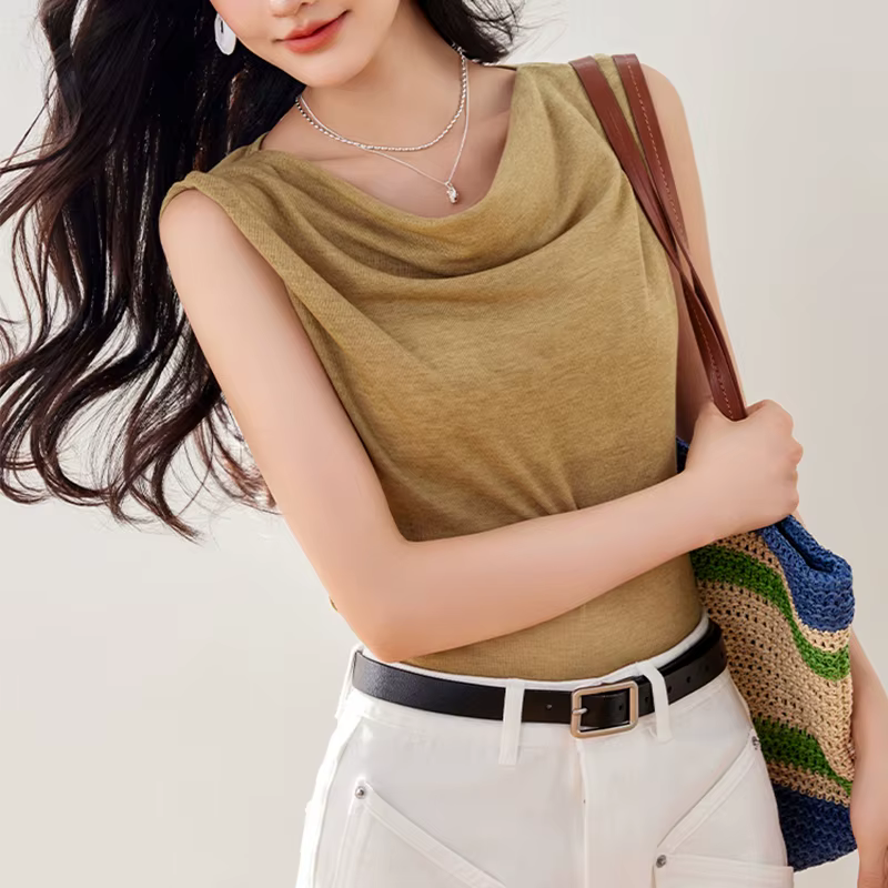 Style Simple décontracté col empilé gilet femmes hauts 2025 mode d'été basique sans manches T-shirt 