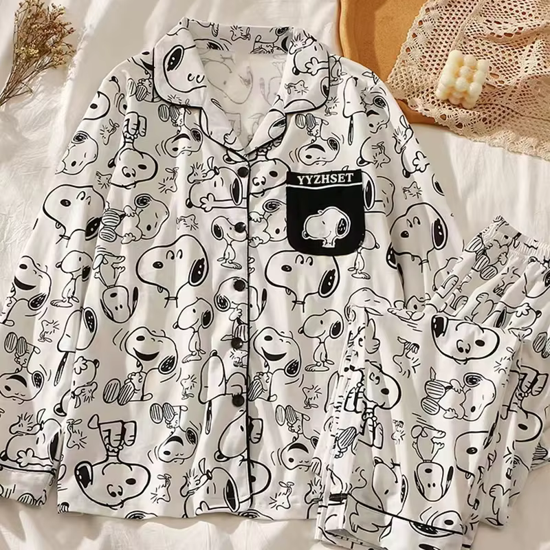 Ensemble de pyjama à manches longues Snoopy pour femmes, motif d'anime kawaii, accessoires décontrac